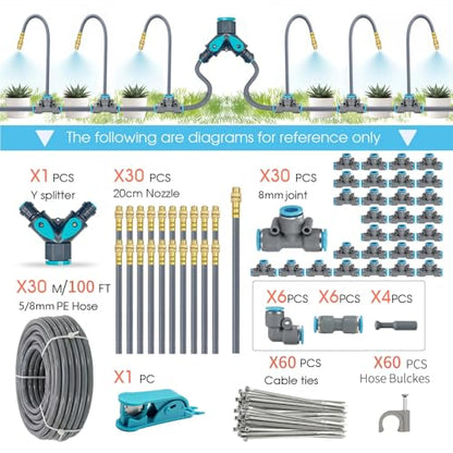 Drip Irrigation System, 100Ft 5/16 Inch Hose, 30 Adjustable Copper Nozzles, Automatic Atomizing Watering Kit for Greenhouse, Outdoor, Raised Bed, Lawn - size: 100FT