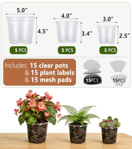 15-Pack Clear Nursery Pots with Drainage Holes (3/4/5 Inch) - color: Pots, size: 3/4/5"-15 sets