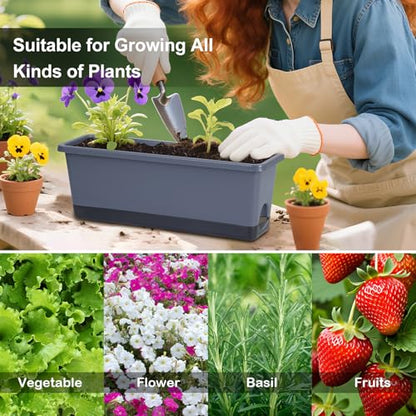Window Box Planter 4 Packs, 17 Inches Rectangle Flower Pots with Drainage Holes & Trays, Pots for Vegetables, Herbs, Flowers, Garden Windowsill Balcony (Grey, 17 * 5.1 * 6 inch) - color: Gray