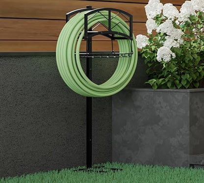 Kingson Portable Garden Hose Holder with Storage Basket - Heavy-Duty Black Steel Construction, Holds 150FT Hose, Freestanding & Detachable Design with Tools for Easy Assembly