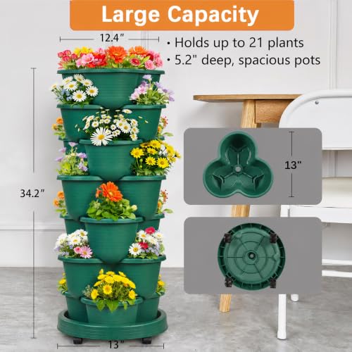 VECELO 7 Tier Vertical Garden Planter, Self Watering Stackable Planters with Wheels for Strawberries, Herbs, Flowers, Vegetables, Dark Green - color: Dark Green, size: 7 Tier