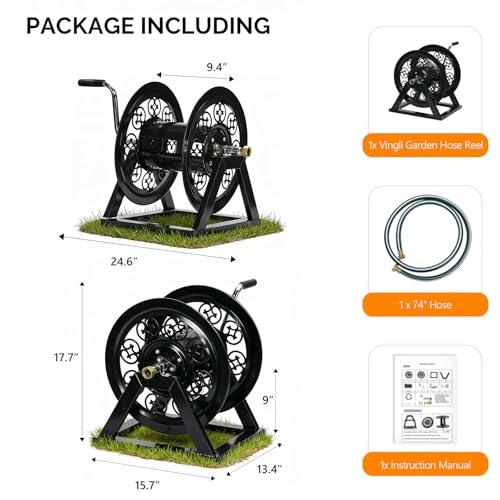 VINGLI Decorative Hose Reel, Wall Mount Water Hose Reel for Garden Outside with Heavy Duty Portable Rolling Design Metal, 108FT Capacity for 3/4" Hose for Outdoor Use (Black)