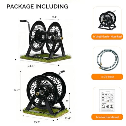 VINGLI Decorative Hose Reel, Wall Mount Water Hose Reel for Garden Outside with Heavy Duty Portable Rolling Design Metal, 108FT Capacity for 3/4" Hose for Outdoor Use (Black)