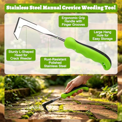 Weed Puller Tool Set, 3-Piece Stainless Steel Garden Weeder Tool Kit, Manual Crack Weeder Crevice Weeding Tool, Hand Weeder Tool for Dandelion, Uprooting Weeding Tools for Garden (Green (3 pcs)) - color: Green (3 pcs)