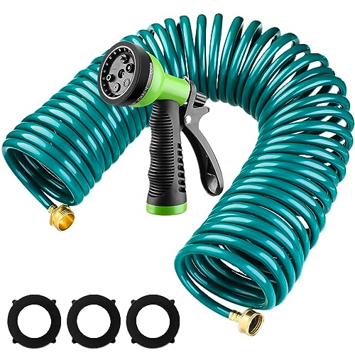 Pangda Expandable Coil Garden Hose 50 Ft with Spray Nozzle, Green - color: Green, size: 50 Ft