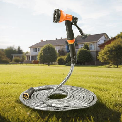 VEVOR Garden Hose Metal 150 ft, Rust Proof Stainless Steel Water Hose, Heavy Duty Backyard Hose with 10 Function Nozzle, No-Kink & Flexible Water Pipe, Lightweight Metal Hose for Yard, Outdoor - size: 150 ft with 10 Function Spray Nozzle