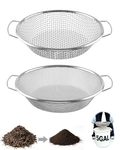 2Pcs Soil Sifter for Gardening with Handle, 1/4in,1/8in Mesh Rock Sifter for 5 Gallon Bucket, Stainless Steel Compost Dirt Sifter, Garden Sieve for Gravel Sawdust Vermicompost