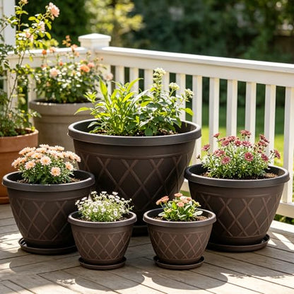 4 Pack 10 Inch Plant Pot, Planter Pots with Drainage Holes & Saucers - color: Plaid Pattern-brown, size: 10 Inch - 4Pack