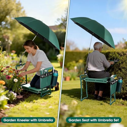 2-in-1 Garden Kneeler with Umbrella, Garden Kneeling Bench & Green Umbrella, Portable Garden Stool Loads Capacity 330lb and Garden Tools Bag with bottle holder, Gardening Gifts for Women,Men,Seniors - color: Green