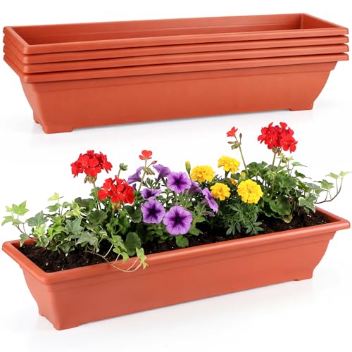 Briwooody 4 Pcs 31.5 Inch Extra Large Window Planter Outdoor with Drainage Holes Rectangle Plastic Window Flower Planter Box for Patio Home Decor, Brick Red