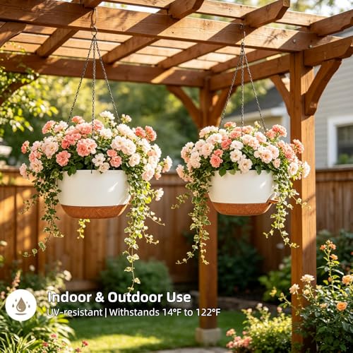 12" Self Watering Hanging Planters with Chains, White Brown, 2 Pack - color: White Brown, size: 2 pack 12 inches