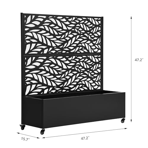 Metal Raised Garden Bed with Trellis and Wheels, 47"x47"x16" (Black-Leaf) - color: Black-leaf, size: 47"x47"x16"