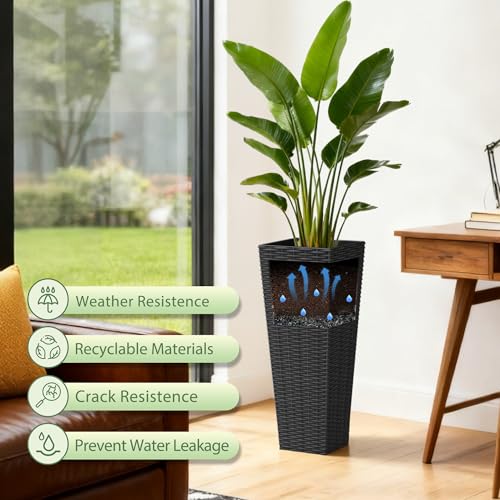 Greesum 23 Inch Tall Plastic Planters with Rattan Texture – Set of 2, Black - color: Black, size: 24" without Tray