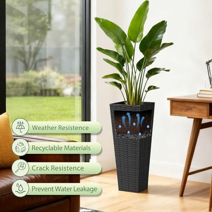 Greesum 23 Inch Tall Plastic Planters with Rattan Texture – Set of 2, Black - color: Black, size: 24" without Tray