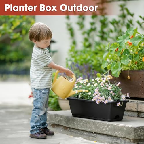 4 Pcs Hanging Flower Pots, 16.9 Inches Railing Planter Box, Black - color: Black