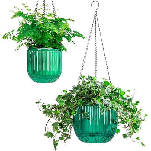 Melphoe 2 Pack Self Watering Hanging Planters Indoor Flower Pots, 5.3/8.3 Inch Outdoor Hanging Basket, Plant Hanger with 3Hooks Drainage Holes for Garden Home (Emerald) - color: Emerald, size: 8.3''+5.3''