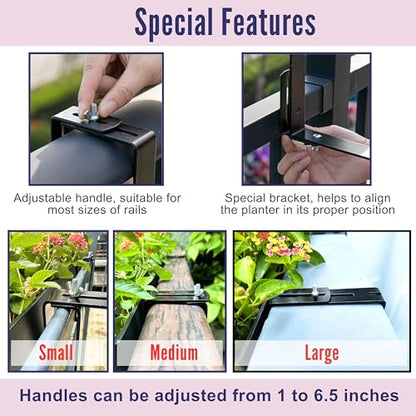 LaLaGreen Deck Railing Planter Boxes (14 Inch, 4 Pack) Self-Watering Window Box Planters with Brackets, Rectangular Hanging Flower Pots for Balcony Fence, Herb Garden Outdoor Black Plastic Planters - size: 14" x 4 Pack (with Bracket)