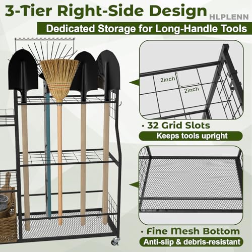 Garden Tool Organizer with Wheels, Metal Rack for Long Handled Tools