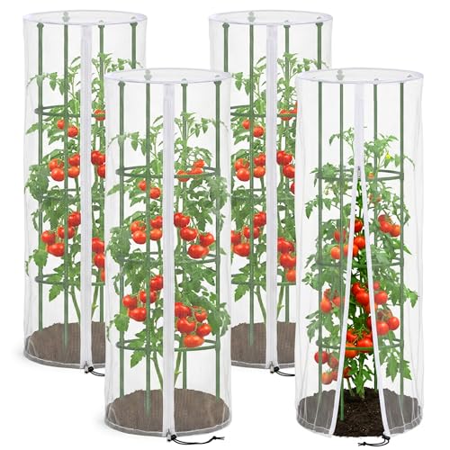 4 Pcs Garden Bird Netting Cover for Round Tomato Cage, 59" x 18" Tomato Trellis Insect Barrier Protection Mesh, Plant Cage Garden Net Cover with Zipper for Vertical Climbing Plants Vegetables Fruits - color: Round, size: 4 Pcs