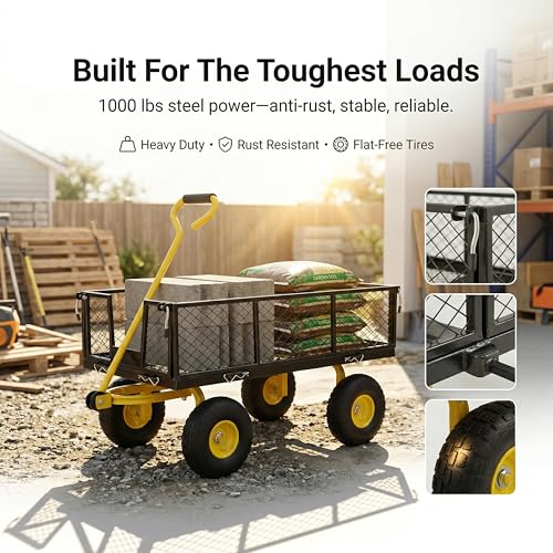 Finnhomy Heavy Duty 1000 Lbs Capacity Mesh Steel Garden Cart, Pullable Garden Wagons Carts on Wheels, Folding Utility Wagon with Removable Sides for Outdoor, Yard, Lawn, Yellow - color: Yellow