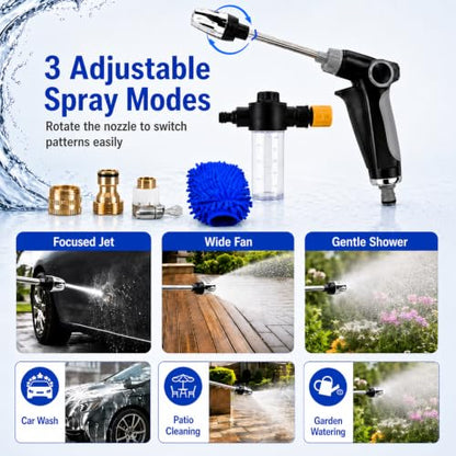 2026 Upgraded High Pressure Jet Nozzle Power Washer for Garden Hose, Water Jet Sprayer Wand with Foam Bottle, 3 Connectors and Chenille Wash Mitt for Car Washing, Patio, Lawn, Garden