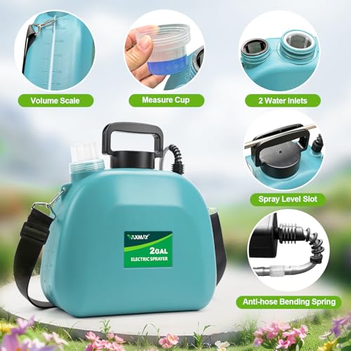VAXMAY Battery Powered Sprayer 2 Gallon, Upgrade Electric Garden Sprayer with 3 Adjustable Speed, Battery Indicator, 4 Mist Nozzles, Rechargeable Handle, Retractable Wand, Shoulder Strap for Weed Lawn - color: Blue