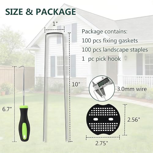 10 Inch 100 PCS Galvanized Landscape Staples with 100 PCS Gasket, Landscape Fabric Pins Stakes Lawn Ground Cover Graden Staples Spikes Weed Barrier Stakes - size: 10" 100 Pack