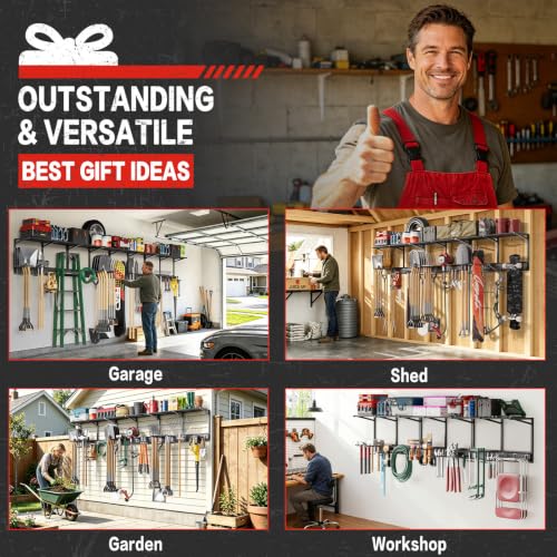 Garage Wall Organizer with Storage Shelves, 32" Garden Tool Organizer with Shelving Units and Hooks Hangers, Heavy Duty Metal Shelf with Shovel Rake Holder, Garage Organization Rack for Yard Shed Lawn