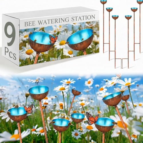 Teenyyou 9 Pcs Bee Watering Station for Garden Metal Watering Cup, Blue - color: Blue