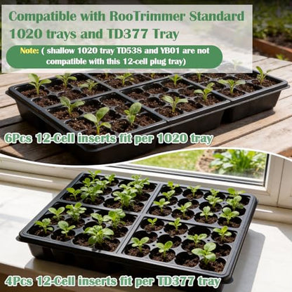 RooTrimmer 60 Pack Reusable 12-Cell Seed Starter Tray with Large Drain Hole - color: Black, size: 12 Cells-60P