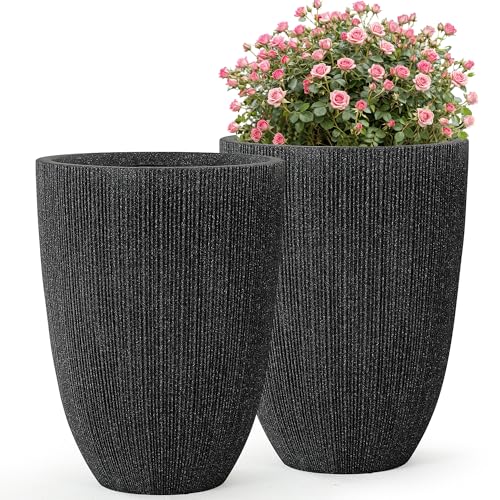 19" Black Concrete-Look Resin Tall Planters with Fluted Texture - color: 19"h-mediterranean Black