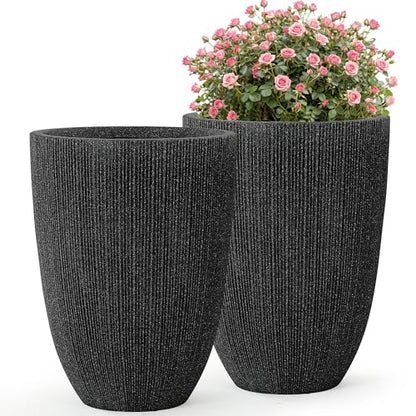 19" Black Concrete-Look Resin Tall Planters with Fluted Texture - color: 19"h-mediterranean Black