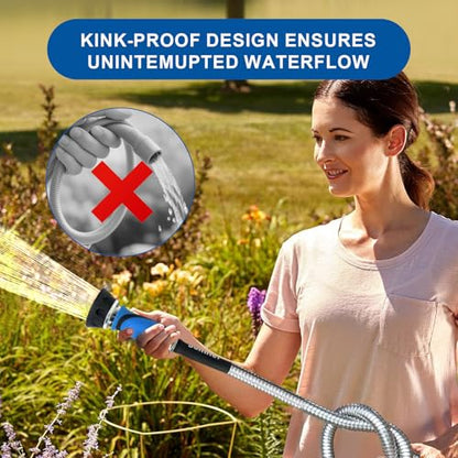 Metal Garden Hose 50 Ft With Hose Nozzle, Flexible Stainless Steel Garden Hose 50 Ft, Heavy Duty Water Hose for Outdoor Garden Watering Washing (50FT) - size: 50 Feet