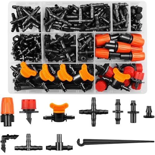 Drip Irrigation Fittings Kit for 1/4" Tubing, 220 Pcs Drip Line Connectors for Drip Systems - Valves, Nozzles, Micro Drips, Single barbs, 4 Way Cross, Tees, Couplings, End Plugs, Elbows, Hose Stakes - size: 4/7mm Drip Fittings Set-220P