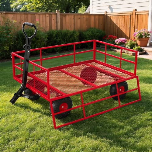 Steel Garden Cart - 1200 lbs Heavy Duty Utility Wagon, Removable Mesh Sides, 2-in-1 Handle, 13" Tires for Outdoor Yard, Lawn, Garden Tasks - Red (Pantone 186C, HEX: #E03C31) | 1200 lbs | Red - - color: Red, size: 1200 LBS