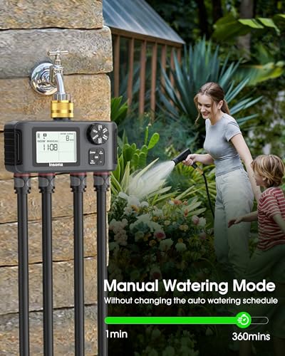 Insoma 4 Zones Sprinkler Timer with Brass Inlet, Water Timer for Garden Hose with Auto/Manual/Rain Delay Mode, Hose Timers for Irrigation Watering System for Yard, Lawn, Plant Watering