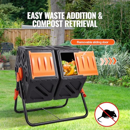 VEVOR Compost Bin, 37-Gal Dual Chamber Composting Tumbler, High Volume Two Rotating Chambers with 2 Sliding Door and Steel Frame, BPA Free Composter Bin Tumbler for Garden, Kitchen, Yard, Outdoor - size: 37 Gal