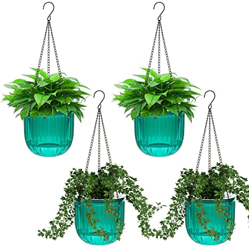 Meanplan 4 Pcs Self Watering Hanging Planter Indoor 6.5 Inch Hanging Baskets for Plants Outdoor Plastic Flower Pot with 3 Hooks Chains Drainage Holes for Garden Home, Medium Size(Emerald) - color: Emerald