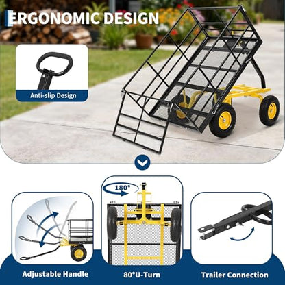 1500 lbs Heavy Duty Steel Garden Cart - Utility Yard Wagon - Removable Mesh Sides & 180° Swivel Adjustable Handle - Outdoor Dump Trailer - Black Frame, Yellow Rims, Yellow Handlebars, - color: Black