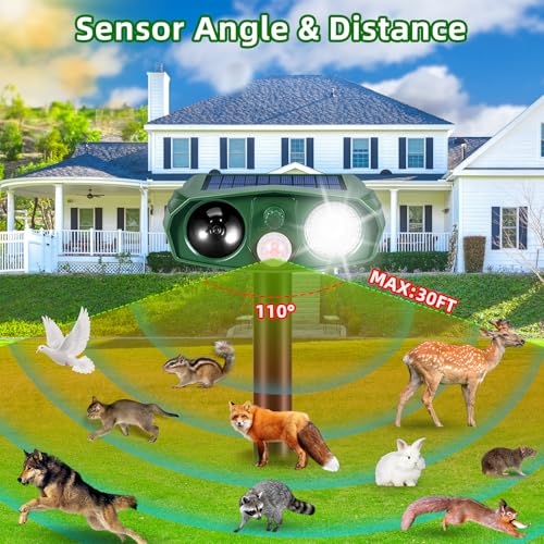 Solar Animal Repellent Outdoor, Ultrasonic Garden Deterrent with Motion Sensor for Cats Squirrels and Rodents, Waterproof Motion Activated Pest Defense Stake for Yard, 110° PIR Wide Angle