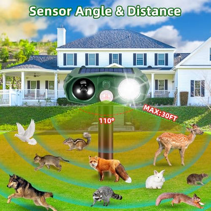 Solar Animal Repellent Outdoor, Ultrasonic Garden Deterrent with Motion Sensor for Cats Squirrels and Rodents, Waterproof Motion Activated Pest Defense Stake for Yard, 110° PIR Wide Angle