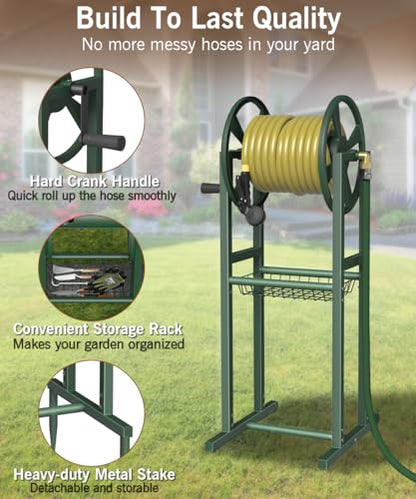 Garbuildman Ground Mount Garden Hose Reel Holds 125 Feet of 5/8-Inch with 3.9 ft Leader Hose, Brass Fitting, Water Hose Holder Stand with Storage Rack & 4 Spikes Base for Outdoor Lawn, Green - color: Green
