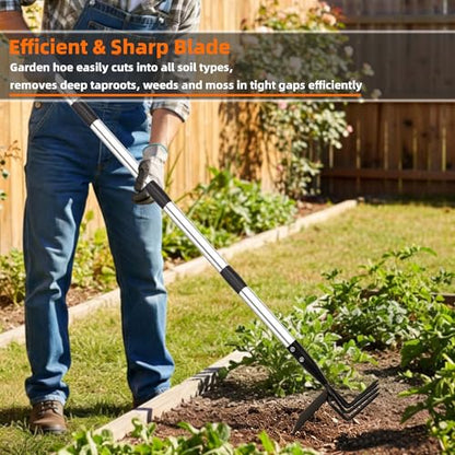 Long Hand Cultivator, 2-in-1 Hand Tiller and Garden Hoe for Gardening