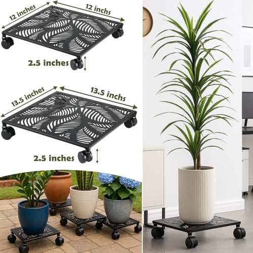 1-Pack 12 Inches Square Metal Plant Caddy with Wheels Heavy Duty Large Rolling Plant Stand Indoor Outdoor Wheeled Planter Dolly Cart with Lockable Casters Flower Pot Mover Roller Trolley, Black