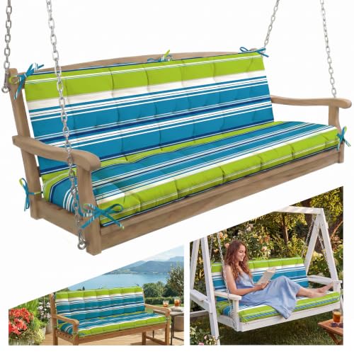 Oxford Fabric Swing Cushions with Backrest & Tie Straps for Patio Bench - color: Teal Stripe