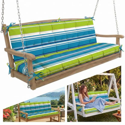 Oxford Fabric Swing Cushions with Backrest & Tie Straps for Patio Bench - color: Teal Stripe