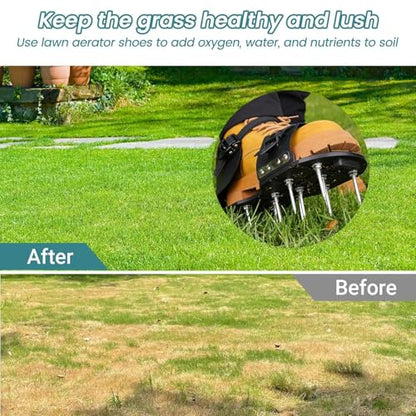 Lawn Aerator Shoes - Heavy Duty Lawn Aerator Tool for Grass with Cleaning Shovel & 6 Extra Spikes, Easy Assembly with Upgraded T-Wrench, Manual Garden Soil Aeration Tools for Yard Care
