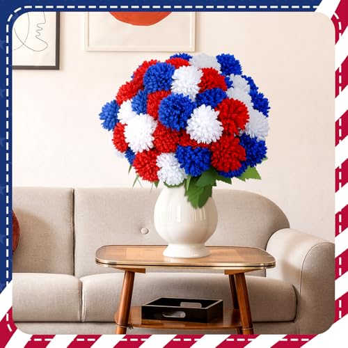 XunYee 12 Pcs Red White Blue Artificial Flowers for Outdoor,Faux Mums - color: Patriotic Tricolor