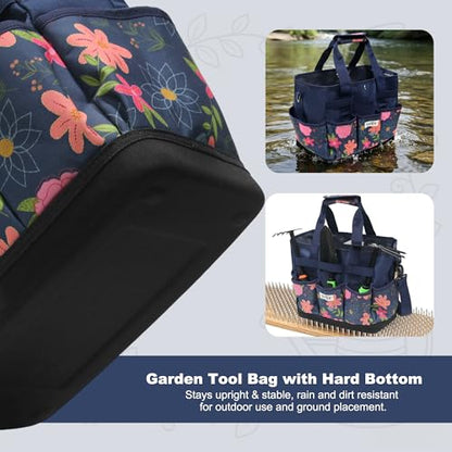 Hard Bottom Floral Garden Tool Tote Bag with Shoulder Strap - color: Blue Floral