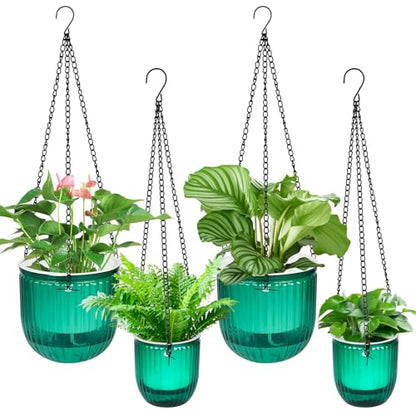 4Pcs Self Watering Hanging Planter, 6.5'' 4.5'' Hanging Plant Pots with Drainage Holes,Plastic Hanging Plant Flower Pots Baskets,Visible Hanging Planters for Indoor Plant Garden Home(Emerald)
